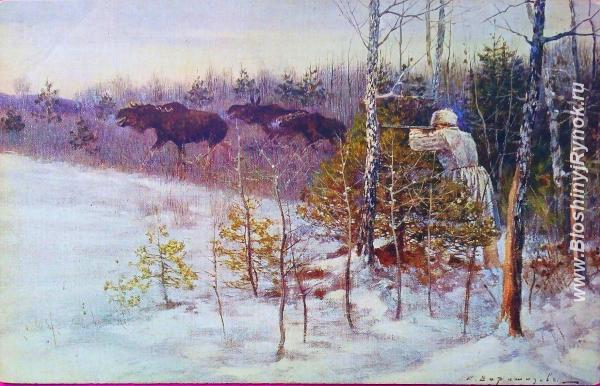 Редкая открытка Охота на лосей 1910 год.. Россия, Москва, Центральный АО